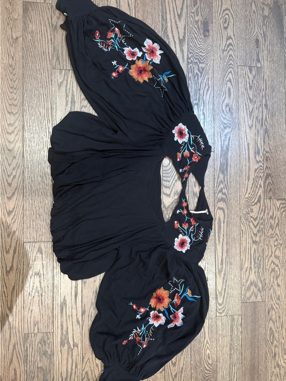 Free People Black Peasant Blouse with Floral Embroidery